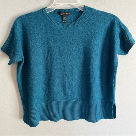 EILEEN FISHER Nile Blue Sleek Tencel Merino Wool Knit Boxy Sweater Top - Picture 5 of 9
